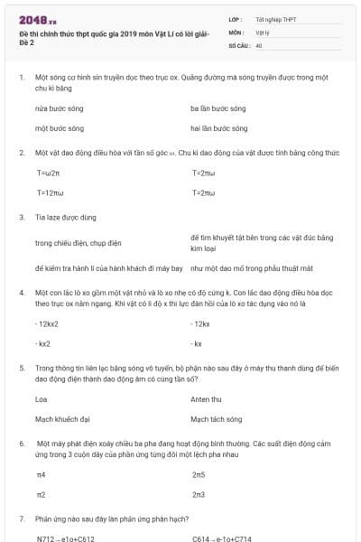 Đề thi chính thức thpt quốc gia 2019 môn Vật Lí có lời giải- Đề 2