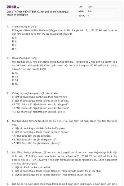 Giải VTH Toán 8 KNTT Bài 30. Kết quả có thể và kết quả thuận lợi có đáp án