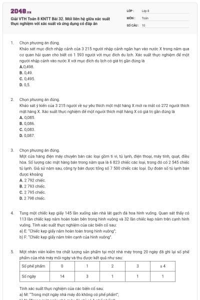 Giải VTH Toán 8 KNTT Bài 32. Mối liên hệ giữa xác suất thực nghiệm với xác suất và ứng dụng có đáp án
