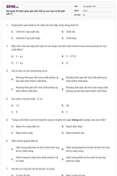 Đề luyện thi thpt quốc gia môn Vật Lý cực hay có lời giải (đề 7)