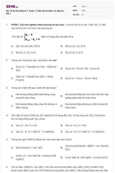 Bộ 19 đề thi Giữa kì 1 Toán 11 Kết nối tri thức có đáp án - Đề 1