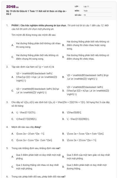 Bộ 19 đề thi Giữa kì 1 Toán 11 Kết nối tri thức có đáp án - Đề 2