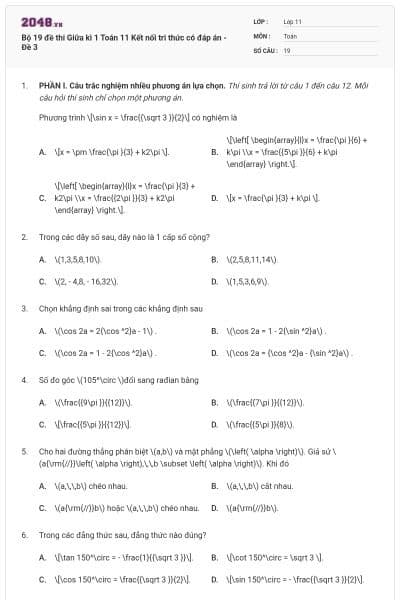 Bộ 19 đề thi Giữa kì 1 Toán 11 Kết nối tri thức có đáp án - Đề 3