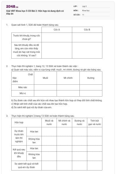 Giải VBT Khoa học 5 CD Bài 2: Hỗn hợp và dung dịch có đáp án