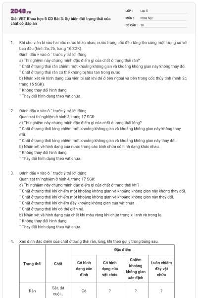 Giải VBT Khoa học 5 CD Bài 3: Sự biến đổi trạng thái của chất có đáp án