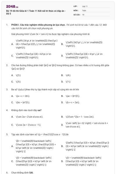Bộ 19 đề thi Giữa kì 1 Toán 11 Kết nối tri thức có đáp án - Đề 5