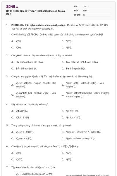 Bộ 19 đề thi Giữa kì 1 Toán 11 Kết nối tri thức có đáp án - Đề 7