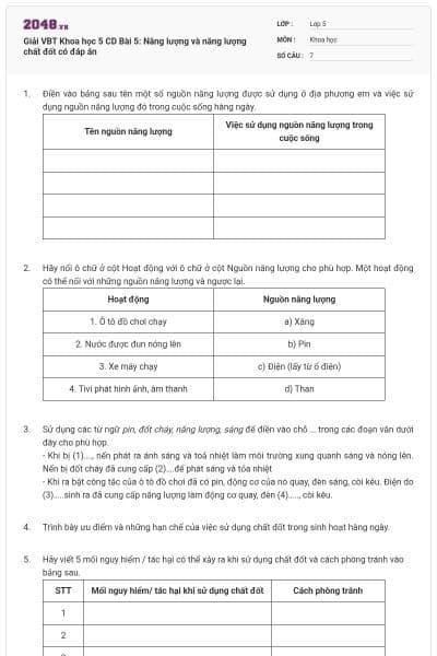 Giải VBT Khoa học 5 CD Bài 5: Năng lượng và năng lượng chất đốt có đáp án