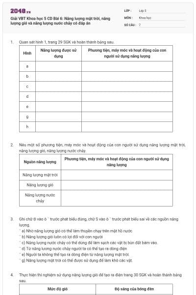 Giải VBT Khoa học 5 CD Bài 6: Năng lượng mặt trời, năng lượng gió và năng lượng nước chảy có đáp án