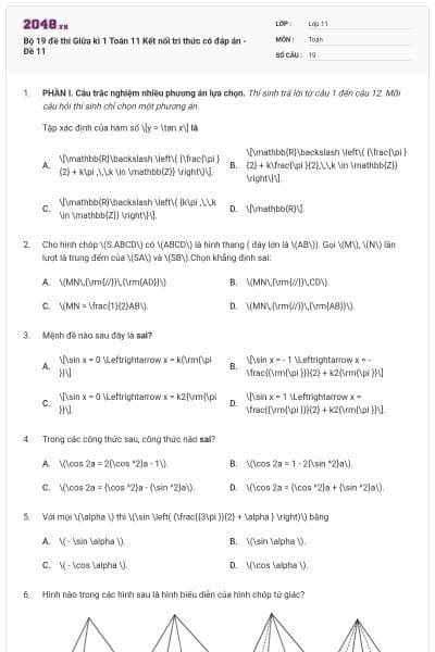 Bộ 19 đề thi Giữa kì 1 Toán 11 Kết nối tri thức có đáp án - Đề 11