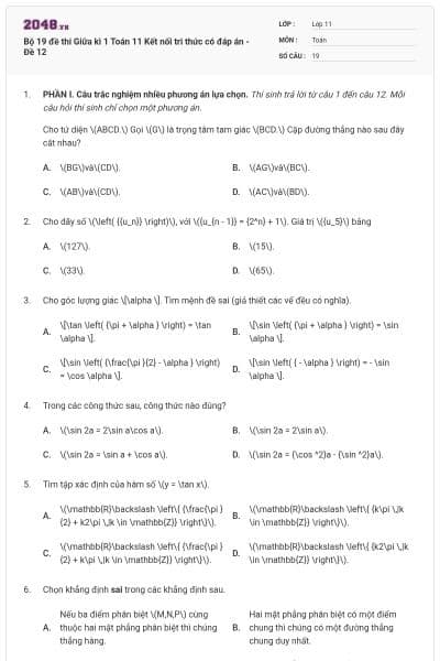 Bộ 19 đề thi Giữa kì 1 Toán 11 Kết nối tri thức có đáp án - Đề 12