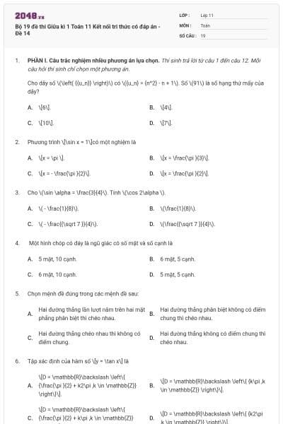 Bộ 19 đề thi Giữa kì 1 Toán 11 Kết nối tri thức có đáp án - Đề 14