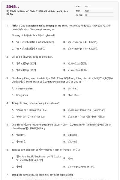 Bộ 19 đề thi Giữa kì 1 Toán 11 Kết nối tri thức có đáp án - Đề 16