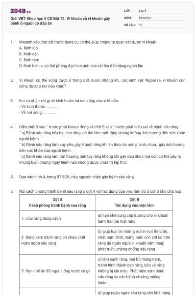 Giải VBT Khoa học 5 CD Bài 12: Vi khuẩn và vi khuẩn gây bệnh ở người có đáp án