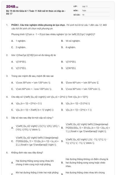 Bộ 19 đề thi Giữa kì 1 Toán 11 Kết nối tri thức có đáp án - Đề 17