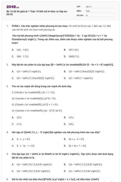 Bộ 10 đề thi giữa kì 1 Toán 10 Kết nối tri thức có đáp án - Đề 02
