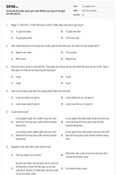 20 đề thi thử thpt quốc gia môn GDCD cực hay có lời giải chi tiết (Đề 5)