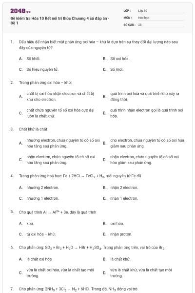 Đề kiểm tra Hóa 10 Kết nối tri thức Chương 4 có đáp án - Đề 1