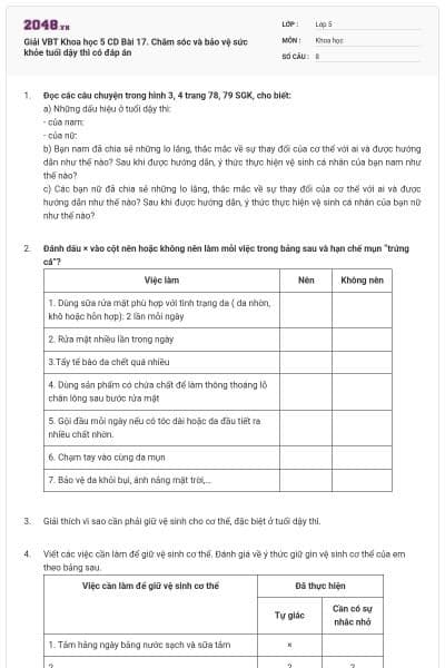 Giải VBT Khoa học 5 CD Bài 17. Chăm sóc và bảo vệ sức khỏe tuổi dậy thì có đáp án