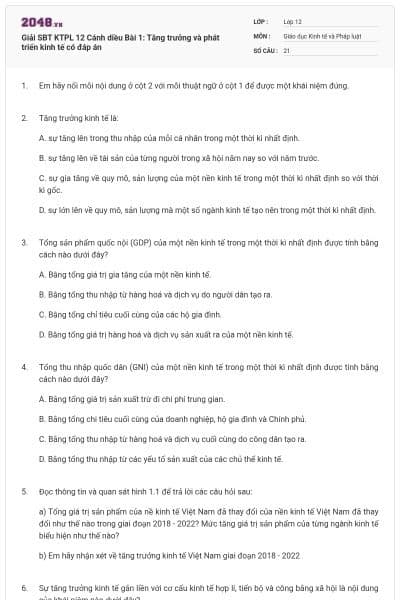 Giải SBT KTPL 12 Cánh diều Bài 1: Tăng trưởng và phát triển kinh tế có đáp án
