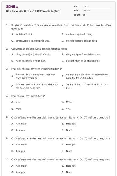 Đề kiểm tra giữa kì 1 Hóa 11 KNTT có đáp án (Đề 1)