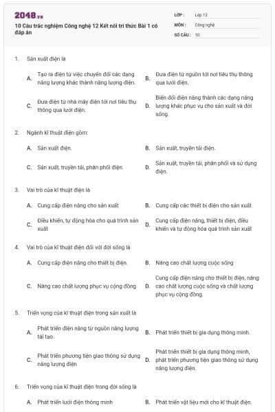 10 Câu trắc nghiệm Công nghệ 12 Kết nối tri thức Bài 1 có đáp án