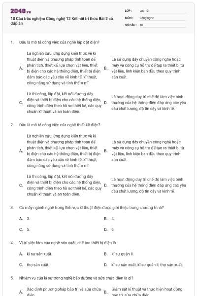 10 Câu trắc nghiệm Công nghệ 12 Kết nối tri thức Bài 2 có đáp án