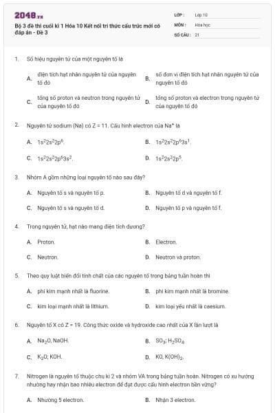 Bộ 3 đề thi cuối kì 1 Hóa 10 Kết nối tri thức cấu trúc mới có đáp án - Đề 3