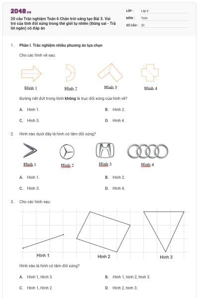20 câu Trắc nghiệm Toán 6 Chân trời sáng tạo Bài 3. Vai trờ của tính đối xứng trong thế giới tự nhiên (Đúng sai - Trả lời ngắn) có đáp án