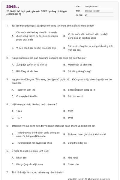 20 đề thi thử thpt quốc gia môn GDCD cực hay có lời giải chi tiết (Đề 6)