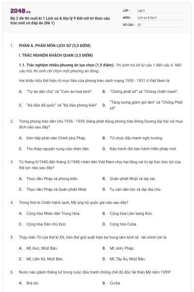 Bộ 2 đề thi cuối kì 1 Lịch sử & Địa lý 9 Kết nối tri thức cấu trúc mới có đáp án (Đề 1)