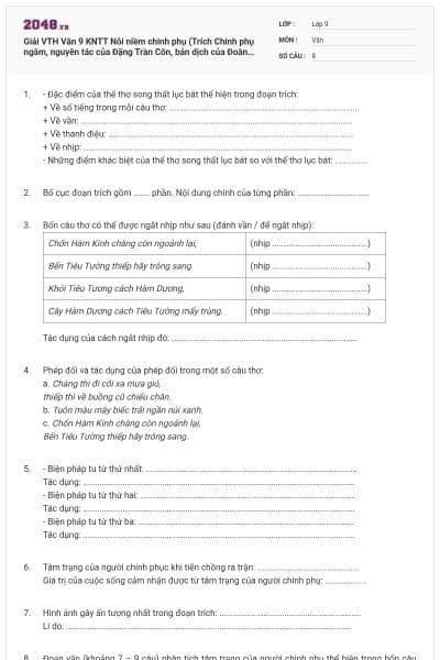 Giải VTH Văn 9 KNTT Nỗi niềm chinh phụ (Trích Chinh phụ ngâm, nguyên tác  của Đặng Trần Côn, bản dịch của Đoàn Thị Điểm (?))