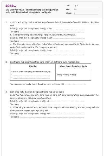 Giải VTH Văn 9 KNTT Thực hành tiếng Việt trang 29 Biện pháp tu từ điệp thanh và biện pháp tu từ điệp vần