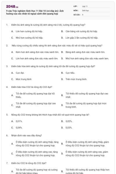 9 câu Trắc nghiệm Sinh Học 11 Bài 10 (có đáp án): Ảnh hưởng của các nhân tố ngoại cảnh đến quang hợp