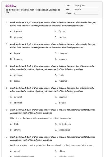 Đề thi thử THPT Quốc Gia môn Tiếng anh năm 2020 (Đề số 23)