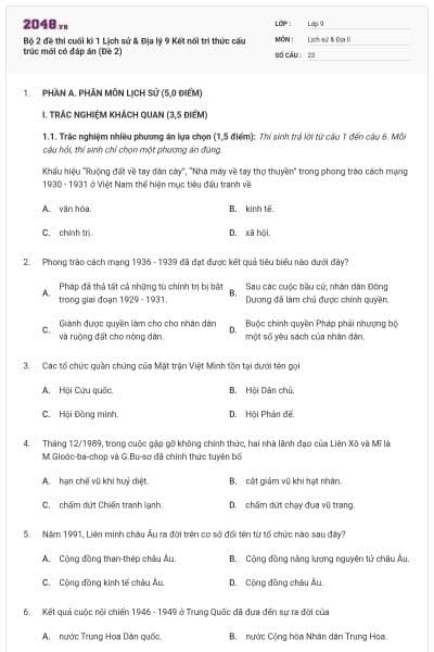 Bộ 2 đề thi cuối kì 1 Lịch sử & Địa lý 9 Kết nối tri thức cấu trúc mới có đáp án (Đề 2)