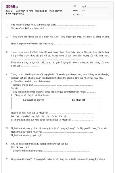 Giải VTH Văn 9 KNTT Kim - Kiều gặp gỡ (Trích, Truyện Kiều, Nguyễn Du)