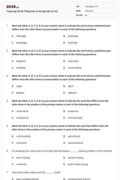 Tổng hợp đề thi Tiếng Anh có lời giải (Đề số 22)