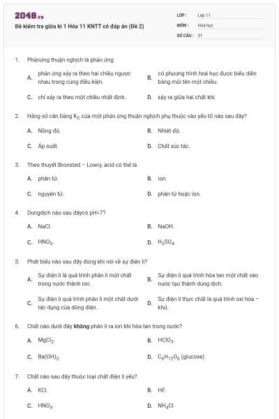 Đề kiểm tra giữa kì 1 Hóa 11 KNTT có đáp án (Đề 2)