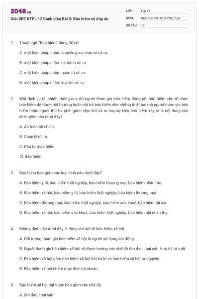 Giải SBT KTPL 12 Cánh diều Bài 3: Bảo hiểm có đáp án