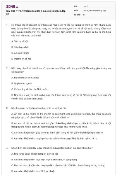 Giải SBT KTPL 12 Cánh diều Bài 4: An sinh xã hội có đáp án