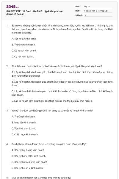 Giải SBT KTPL 12 Cánh diều Bài 5: Lập kế hoạch kinh doanh có đáp án