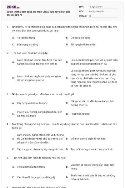 20 đề thi thử thpt quốc gia môn GDCD cực hay có lời giải chi tiết (Đề 7)
