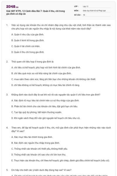 Giải SBT KTPL 12 Cánh diều Bài 7: Quản lí thu, chi trong gia đình có đáp án