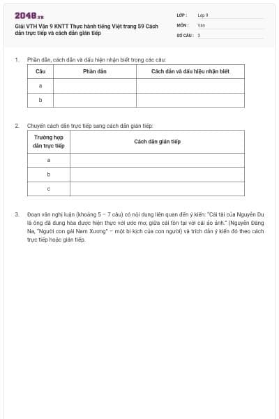 Giải VTH Văn 9 KNTT Thực hành tiếng Việt trang 59 Cách dẫn trực tiếp và cách dẫn gián tiếp