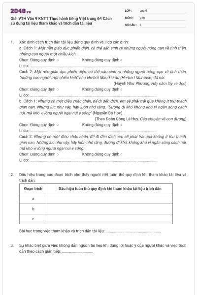 Giải VTH Văn 9 KNTT Thực hành tiếng Việt trang 64 Cách sử dụng tài liệu tham khảo và trích dẫn tài liệu