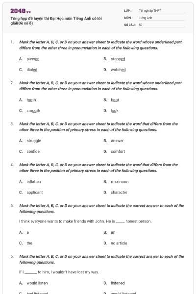 Tổng hợp đề luyện thi Đại Học môn Tiếng Anh có lời giải(Đề số 8)