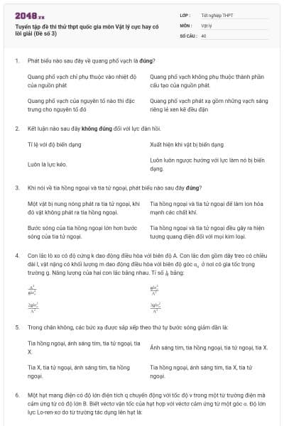 Tuyển tập đề thi thử thpt quốc gia môn Vật lý cực hay có lời giải (Đề số 3)