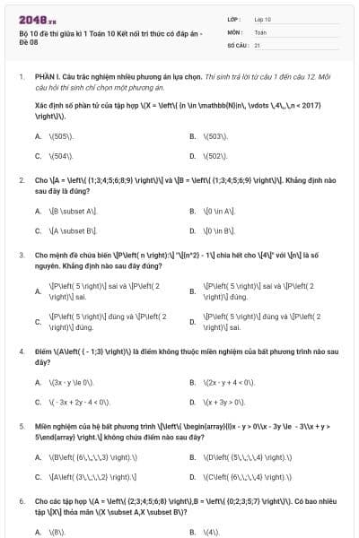 Bộ 10 đề thi giữa kì 1 Toán 10 Kết nối tri thức có đáp án - Đề 08