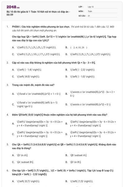Bộ 10 đề thi giữa kì 1 Toán 10 Kết nối tri thức có đáp án - Đề 09